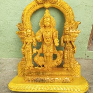 Sri Mayil Murugan with Valli Deivanai under Arch standing Wooden Home